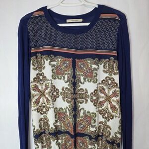 Eclectic Paisley Print Knit Sweater Retro Teacher Artsy Boho Long Sleeve